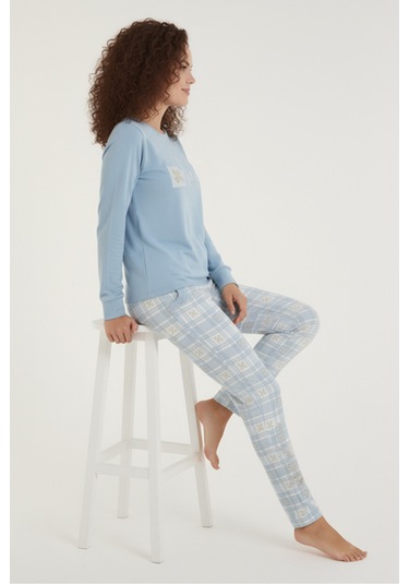 Luxury Thermal Online Çiçek Desenli Kadın Polar Kışlık Pijama Takımı 42063 Mavi