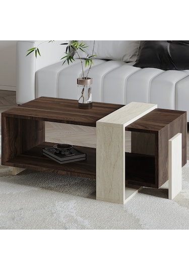 Meleni Orta Sehpa 90 Cm Modern Tasarım Raflı Traverten/ceviz