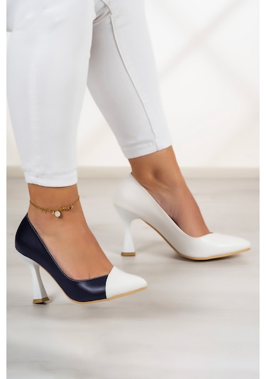 Erkan Saçmacı Jatqılı Plus Lacivert Beyaz İnce Kadeh Topuklu Klasik Ayakkabı Lacivert