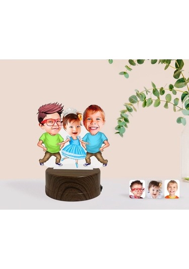 Kişiye Özel 3 Kardeş Karikatürlü Dekoratif 3D Biblo Led Işıklı Ge (483006920)
