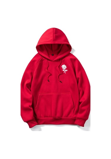 Modagen Unisex Kırmızı Sol Göğüs Gül Detaylı Oversize Sweatshirt Kkırmızı