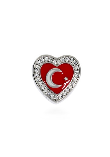 Kadın Taşlı Kalp Model Türk Bayrağı Temalı Gümüş Charm