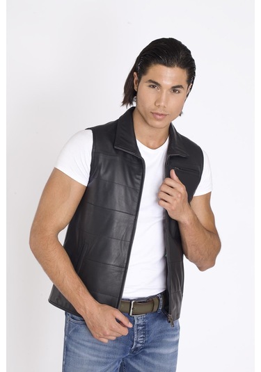 Siyah Gerçek Deri Yelek Siyah