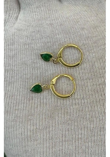 Kadın Gold Renk Kalpli Zirkon Taşlı Minimal Küpe Yeşil