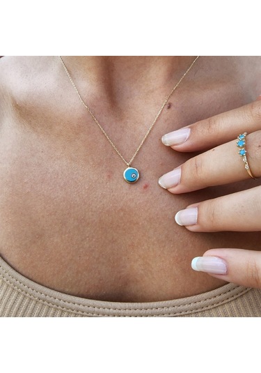 Ala Turkuaz Firuze Mineli Nazar Boncuğu Göz Tasarım Taşsız Modern Hediye Tarz 14 Ayar Altın Kolye