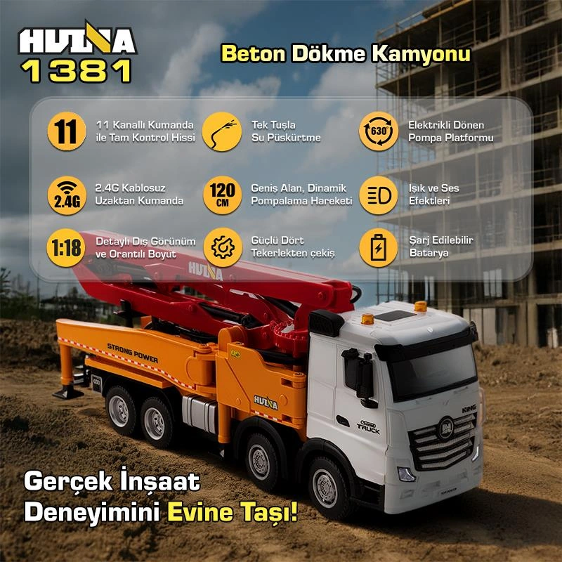 Huına 1381 1/18 11ch Beton Çimento Dökme Kamyonu İş Makinesi İnşaat Uzaktan Kumandalı Rc Model Sarı - 2.4ghz Gerçekçi Similasyon Ses Ve Işık Sistemi