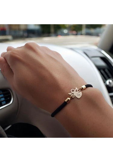 Ğ Harfine Özel Örgü İpli 14 Ayar Altın Plakalı Mevlana Motifli Hediye Bileklik-319harf-siyah Altın