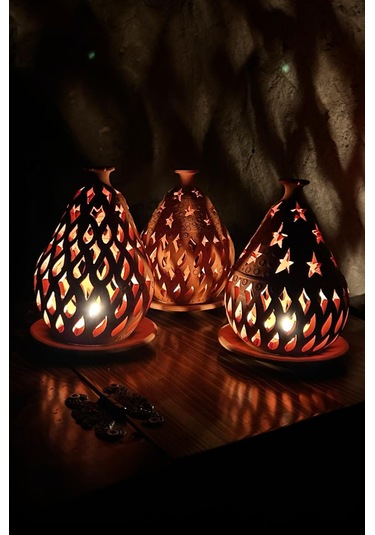 İkili Toprak El Yapımı Dekoratif Tasarım Tabaklı Mumluk Set, Deko