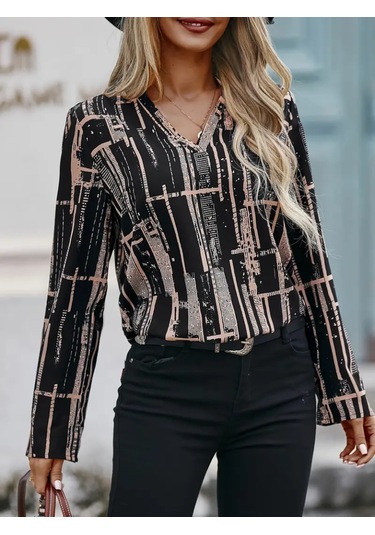 The İstanbul Kadın Uzun Kollu V Yakalı Desenli Dalgıç Bluz Siyah