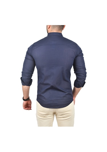 Deepsea Erkek Lacivert Slim Fit Dar Kesim Keten Gömlek Hakim Yaka Pamuklu Keten Spor Gömlek 2201895 Lacivert