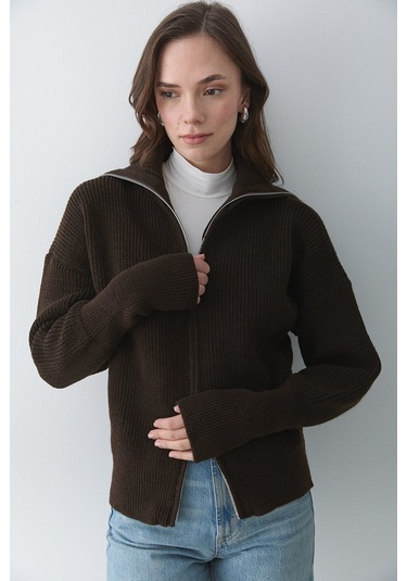 Kahverengi Çift Fermuarlı Hırka - 251080 Koyu Bej