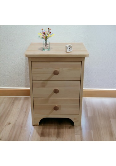 Retro Doğal Ahşap 3 Çekmeceli Komodin 1. Sınıf Masif Çam Ağacı 35