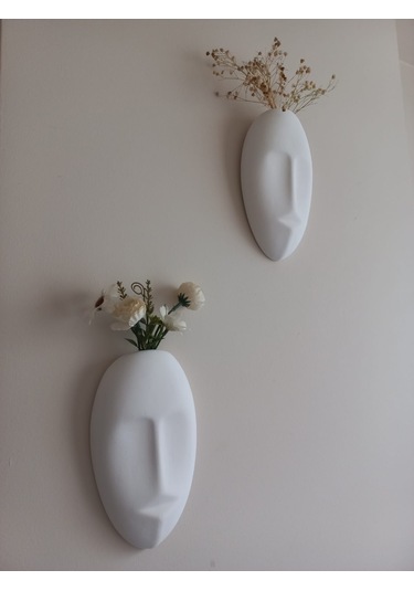 Dekoratif 2'li Yüz Duvar Vazosu, Duvar Süsü ,heykel Aksesuar Beyaz