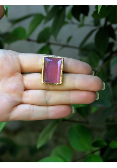 Kedi Gözü Cam Kadın Ayarlanabilir Altın Kaplama Yüzük Pembe Euy69p Pembe