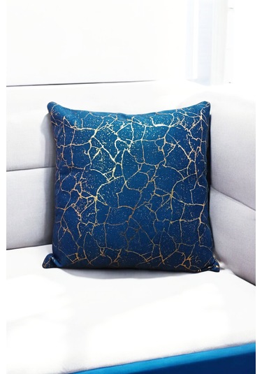 Altın Varak Desenli Dekorafit Tekli Kırlent Kılıfı 42x42 Cm Şık Ve Zarif Tasarım Lacivert