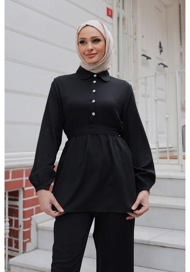 Taş Düğme Detaylı Takım Siyah Siyah