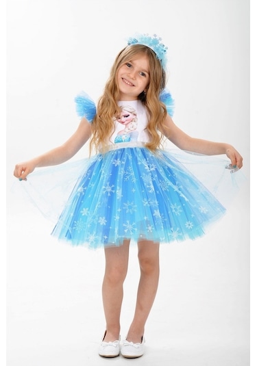 Elsa Karlar Kraliçesi Kar Taneli Taçlı Kız Çocuk Parti Elbisesi