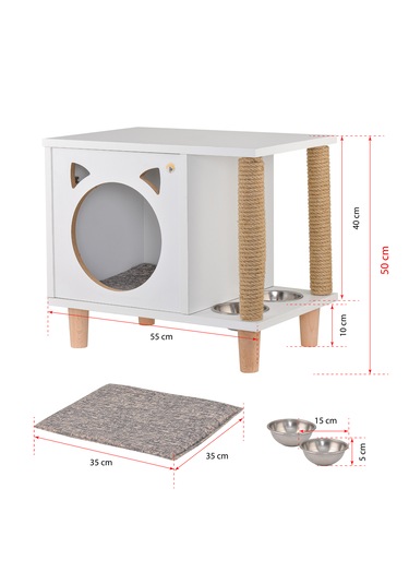 Tahta Karınca Minimalist Mobilya Kedi Evi Mama Kabı Tırmalama Halatlı