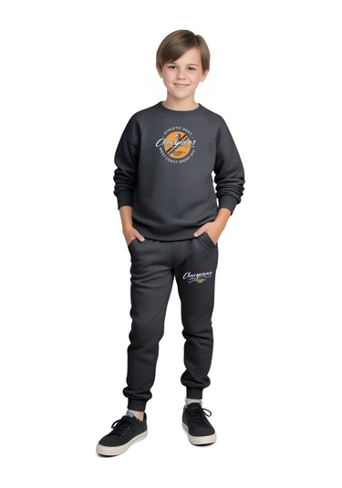 Erkek Çocuk Bisiklet Yaka Champions Baskılı Eşofman Takımı Füme