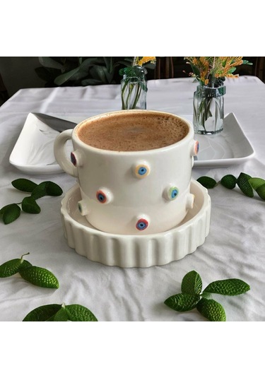 Kabartma Rengarenk Nazar Boncuklu Fincan