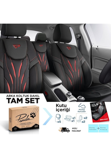 Panda Pars Serisi Deri Oto Koltuk Kılıfı - Siyah - Kırmızı