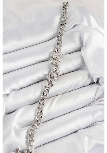 Pirinç Zirkon Taşlı Küba Zincir Model Gümüş Renk Kadın Bileklik - Tj-bb7534 Gümüş