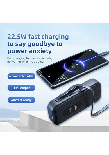 Mq3 9000mah Güç Bankası, Dahili C Tipi Kablo 22.5w Hızlı Şarj Dijital Ekran Taşınabilir Şarj Cihazı Siyah