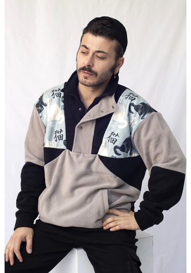 Kadın Erkek  Japon Kedi Desenli Yarım Fermuarlı Polar Sweatshirt