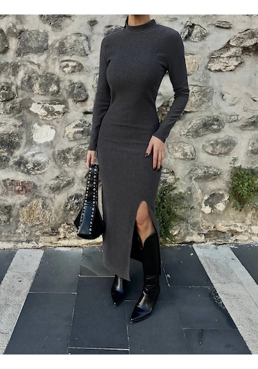 Yırtmaçlı Kalın Bürümcük Uzun Elbise Siyah Siyah