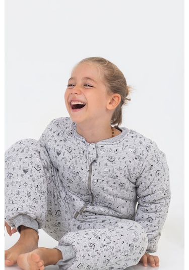 Kız Erkek Çocuk Kalın Elyaf Dolgulu Premium Kalite 2.5 Tog Desenli Uyku Tulumu Açık Gri