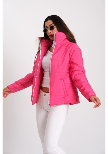 Kadın Fuşya Dik Yaka Su Geçirmez Tasarım Şişme Mont-fuşya Fuşya