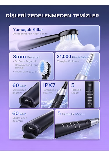 Deanb 500mah Titreşimli Elektrikli Diş Fırçası 5 Modlu 4 Yedek Başlık Siyah