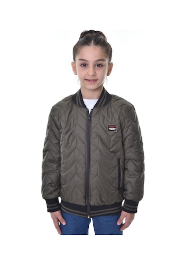 Kız Çocuk Kolej Yaka Astarlı Su Ve Rüzgar Geçirmez Fermuarlı Mont Ceket Haki