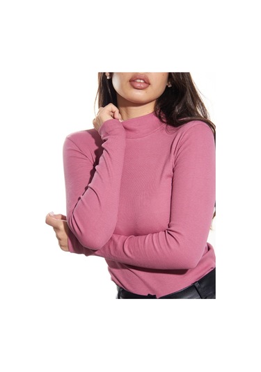 Kaşkorse Yarım Boğaz Body Sweatshirt, Fitilli Kumaş, Likralı, Bordo Gül Kurusu