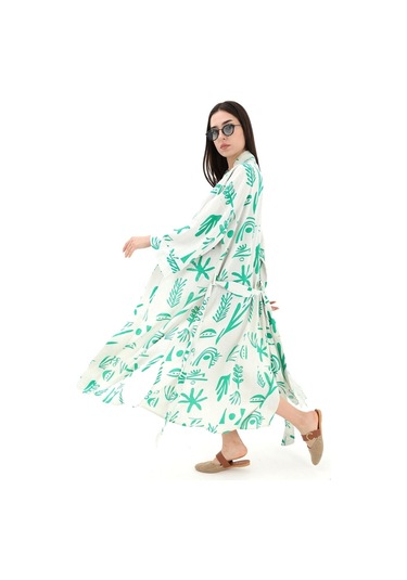 Baskılı Keten Kimono - Yeşil-yeşil Yeşil
