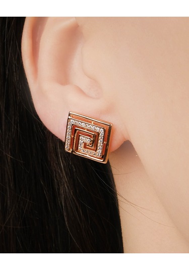 Lekka Design Kadın Kararmaz Çelik Lüks Takı Zirkon Taşlı Kare Küpe Altın