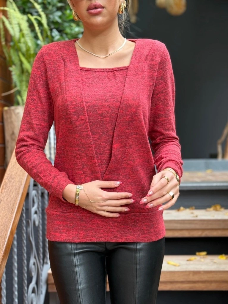 S-pazarım Kadın Uzun Kollu Kruvaze Yaka Kol Ve Etek Ucu Manşet Detay Yumoş Bluz Kırmızı