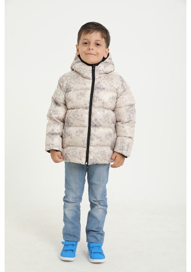 Erkek Çocuk Bej Pusula Desen İçi Polar Su Ve Rüzgar Geçirmez Kapüşonlu Cepli Şişme Kışlık Mont Bej