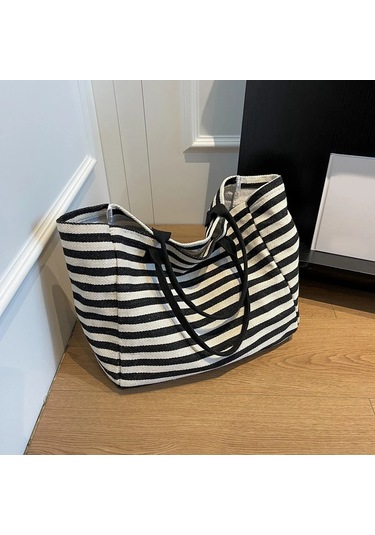 Yogodlns Kadın Rahat Çizgili Kanvas Çanta - Büyük Kapasiteli, Omuz Askılı, Günlük Alışveriş, Okul Seyahat Çantası Bejdistribütör Garantili