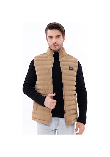 Erkek Nova Kumaş Şişme Yelek Hafif Dolgulu Fermuarlı Cepli Su İtici Rahat Kalıp Bej