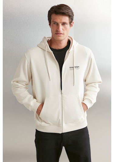 Aksel Erkek Yumuşacık Organik Pamuk Oversize Fermuarlı Baskılı Kapüşonlu Taş Rengi Sweatshirt