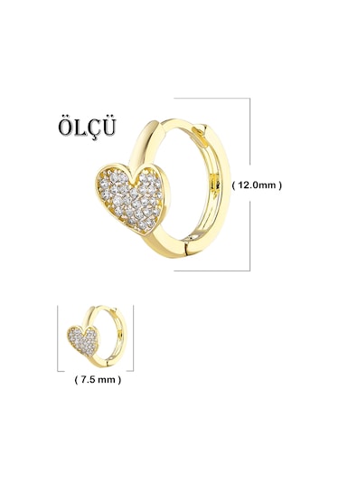 Moom Mücevherat Kadın 14 Ayar Altın Küpe Minimalist Zirkon Taşlı Kalp Temalı Halka Altın Küpe 12 Mm