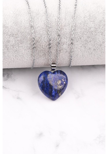 Doğal Lapis Lazuli Kalp Kolye Zincir Dahil Çok REnkli