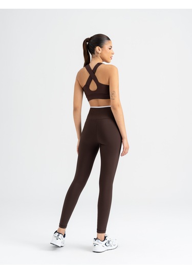 Çapraz Beli Beyaz Biye Detaylı Spor Tayt Kahverengi