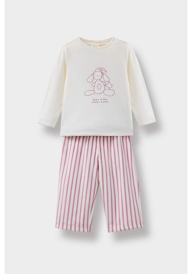 Defacto Kız Bebek Pijama Takımı Tavşan Baskılı Uzun Kollu Velur Üst Çizgili Uzun Alt F5562a525wnbr277 Bordo-br277