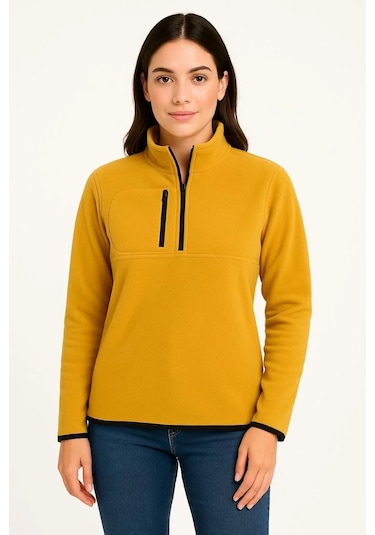 Kadın Polar Kazak Dik Yaka, Yarım Fermuarlı, Fermuarlı Göğüs Cepli, Siyah Biyeli, Kışlık Rahat Reg Sarı