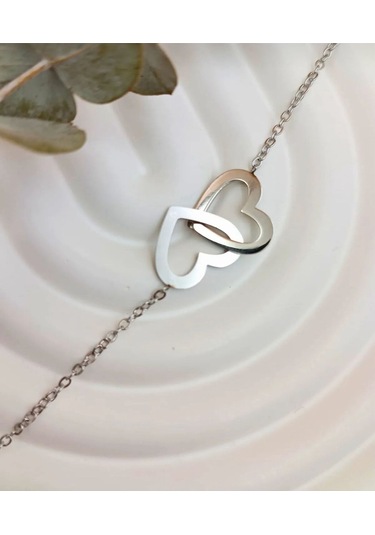 Stainless Steel Çelik Kararmaz İkili Kalp Gümüş Kolye Gümüş