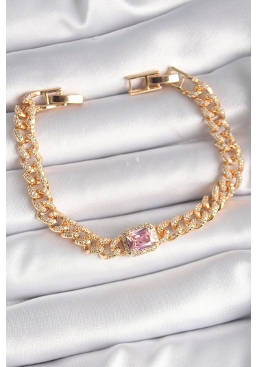 Gold Renk Pembe Kare Zirkon Taşlı Vıp Seri Kadın Bileklik - Ebj241130w29579 Renkli