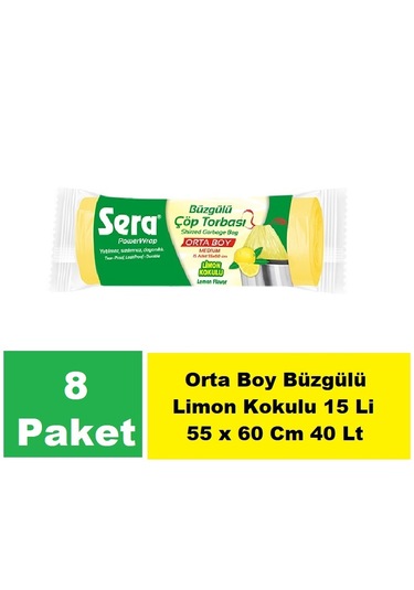 Sera Çöp Torbası Büzgülü Limon Orta Boy 55 X 60 Cm 8 X 15 Li