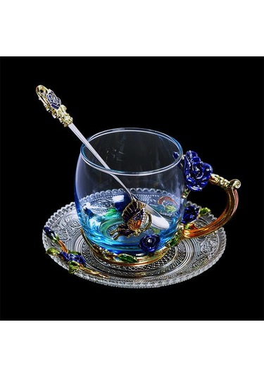 Mavi Gül Emaye Kristal Kupası Çiçek Çay Cam Yüksek Dereceli Cam Su Kupası Çiçek Kupa İle Handgrip Ile Mükemmel Hediye Düğün Kupalar Mavi Ahşap